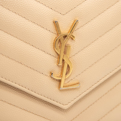 SAINT LAURENT Grain De Poudre Matelasse Chevron Monogram Envelope Chain Wallet Beige