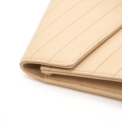 SAINT LAURENT Grain De Poudre Matelasse Chevron Monogram Envelope Chain Wallet Beige