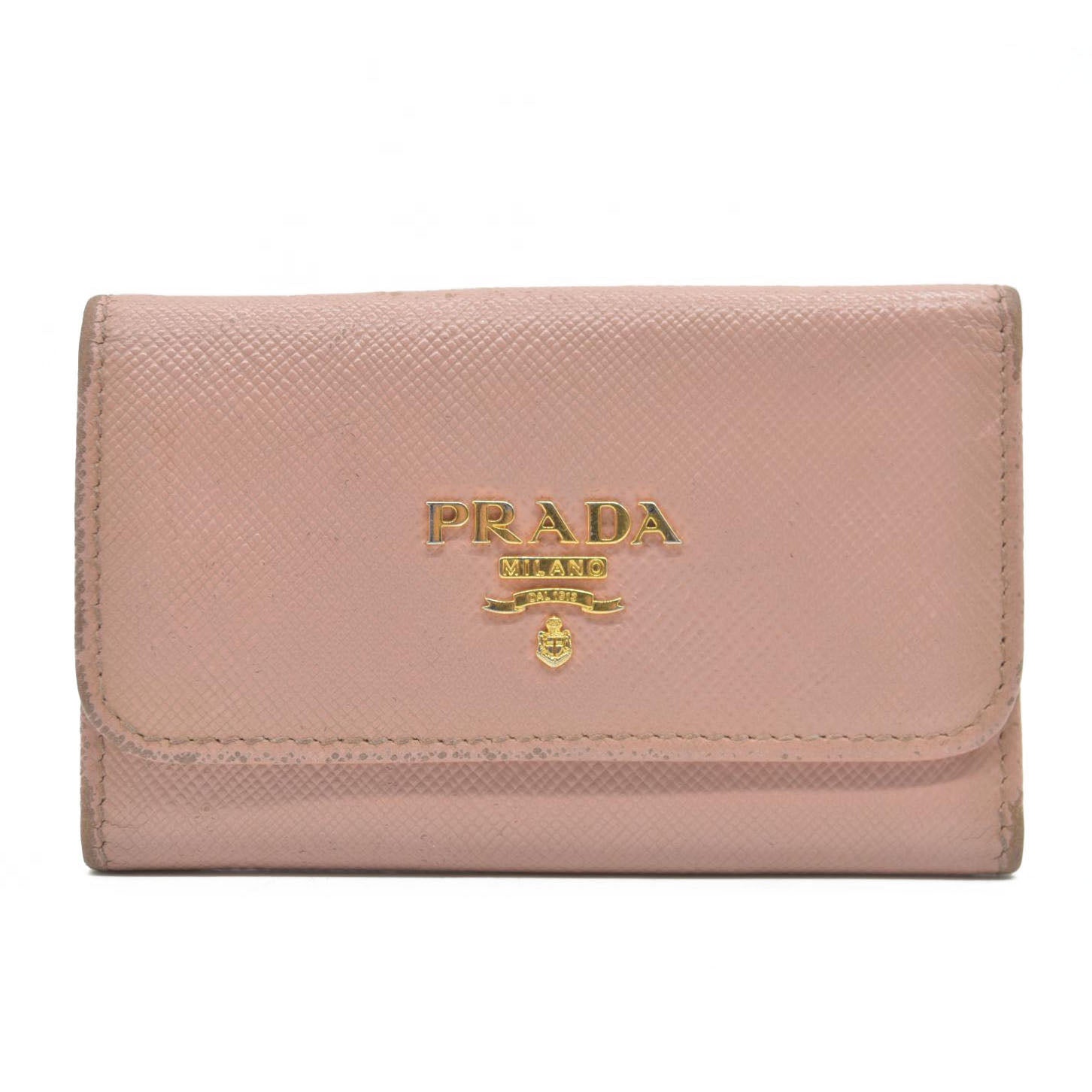 $345 Prada Saffiano Metal 6 Key Holder Beige Pink