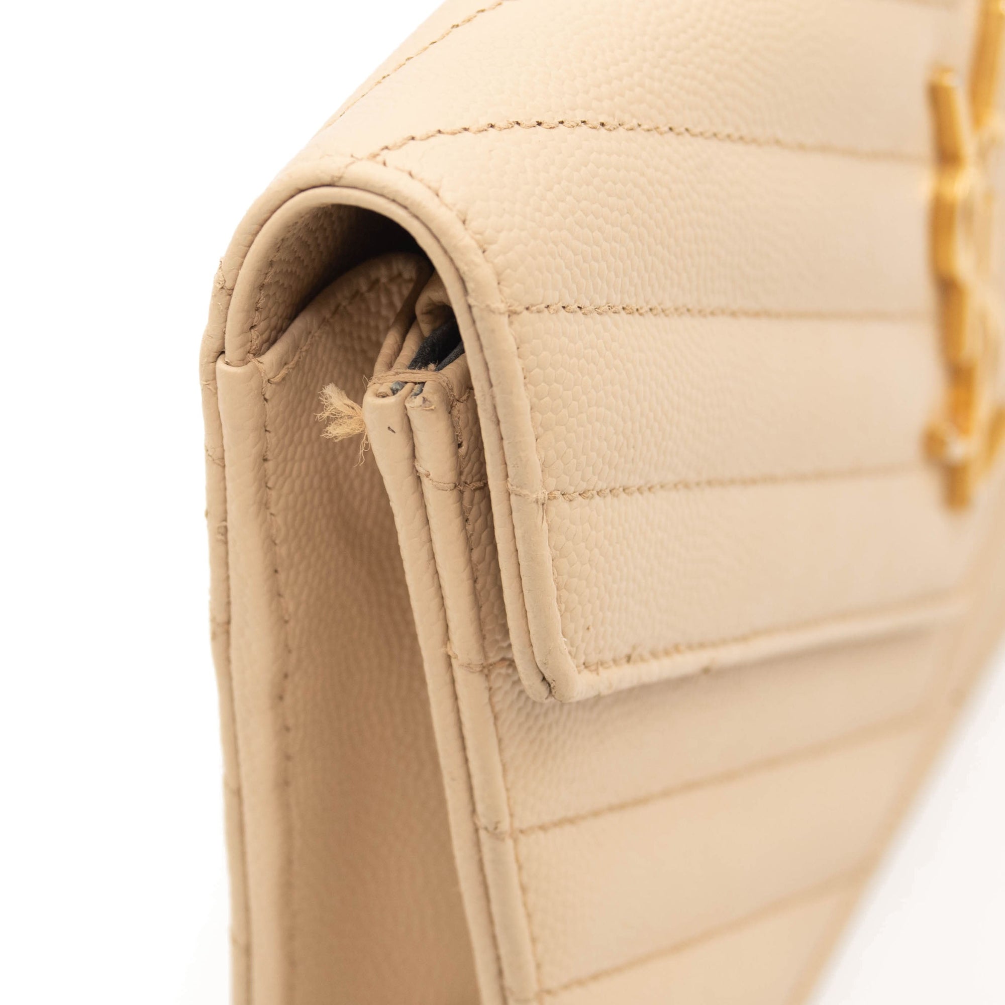 SAINT LAURENT Grain De Poudre Matelasse Chevron Monogram Envelope Chain Wallet Beige