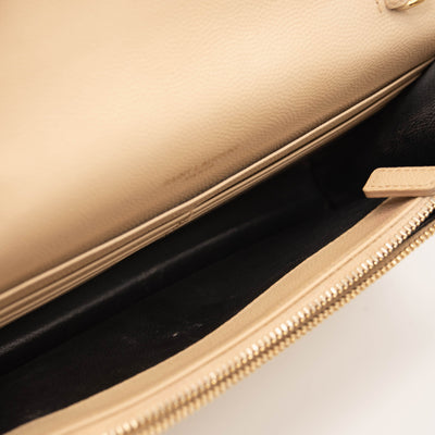 SAINT LAURENT Grain De Poudre Matelasse Chevron Monogram Envelope Chain Wallet Beige
