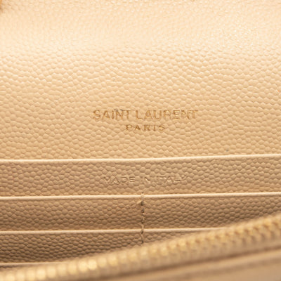 SAINT LAURENT Grain De Poudre Matelasse Chevron Monogram Envelope Chain Wallet Beige