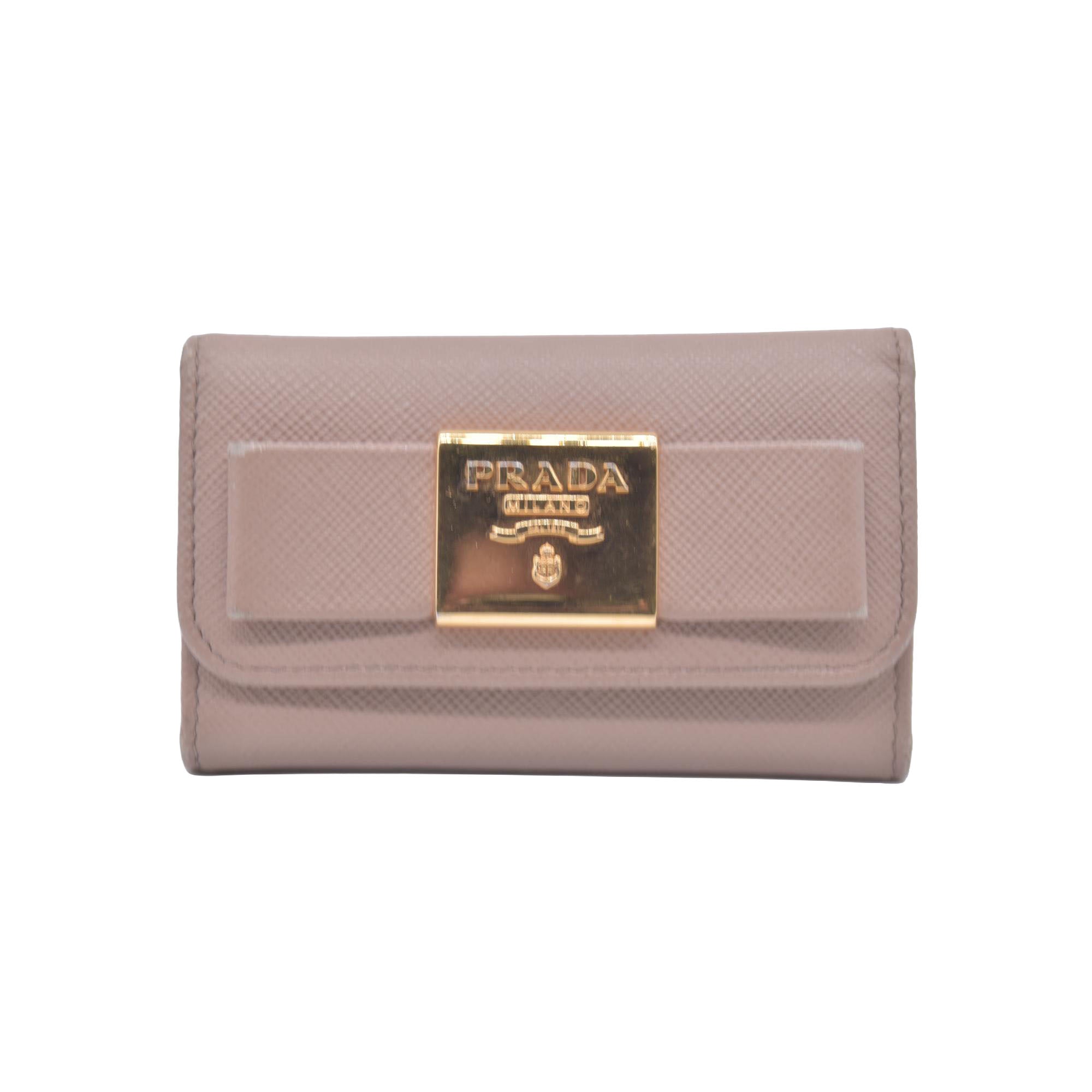 $595 Prada Saffiano Lux Leather Compact Wallet Beige CONSIGNMENT