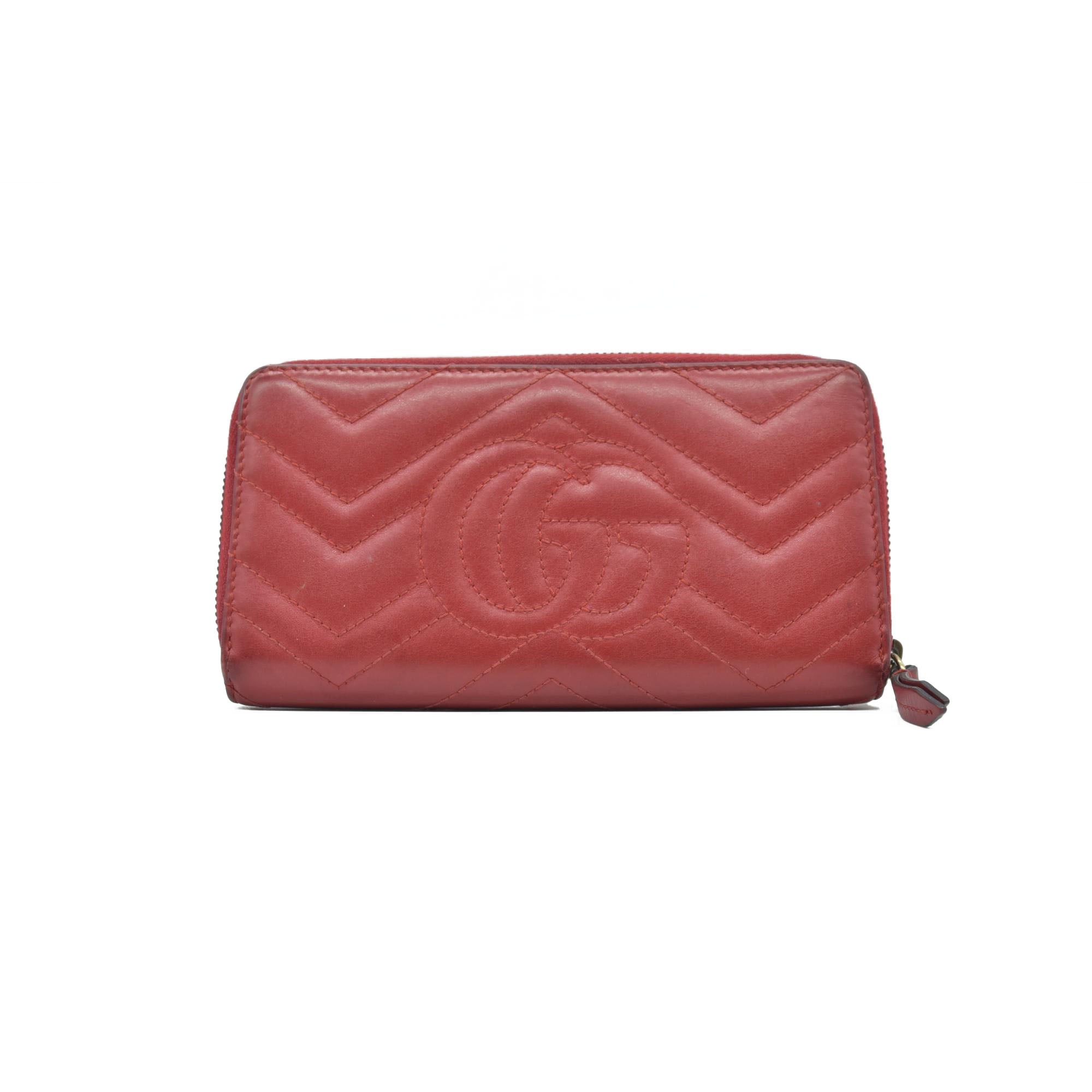 $730 Gucci Calfskin Matelasse GG Marmont Zip Around Wallet Hibiscus Red CONSIGNMENT