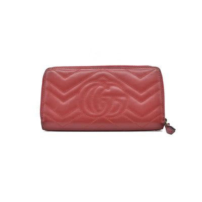 $730 Gucci Calfskin Matelasse GG Marmont Zip Around Wallet Hibiscus Red CONSIGNMENT
