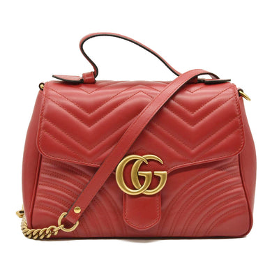 GUCCI Calfskin Matelasse Small GG Marmont Top Handle Shoulder Bag Hibiscus Red