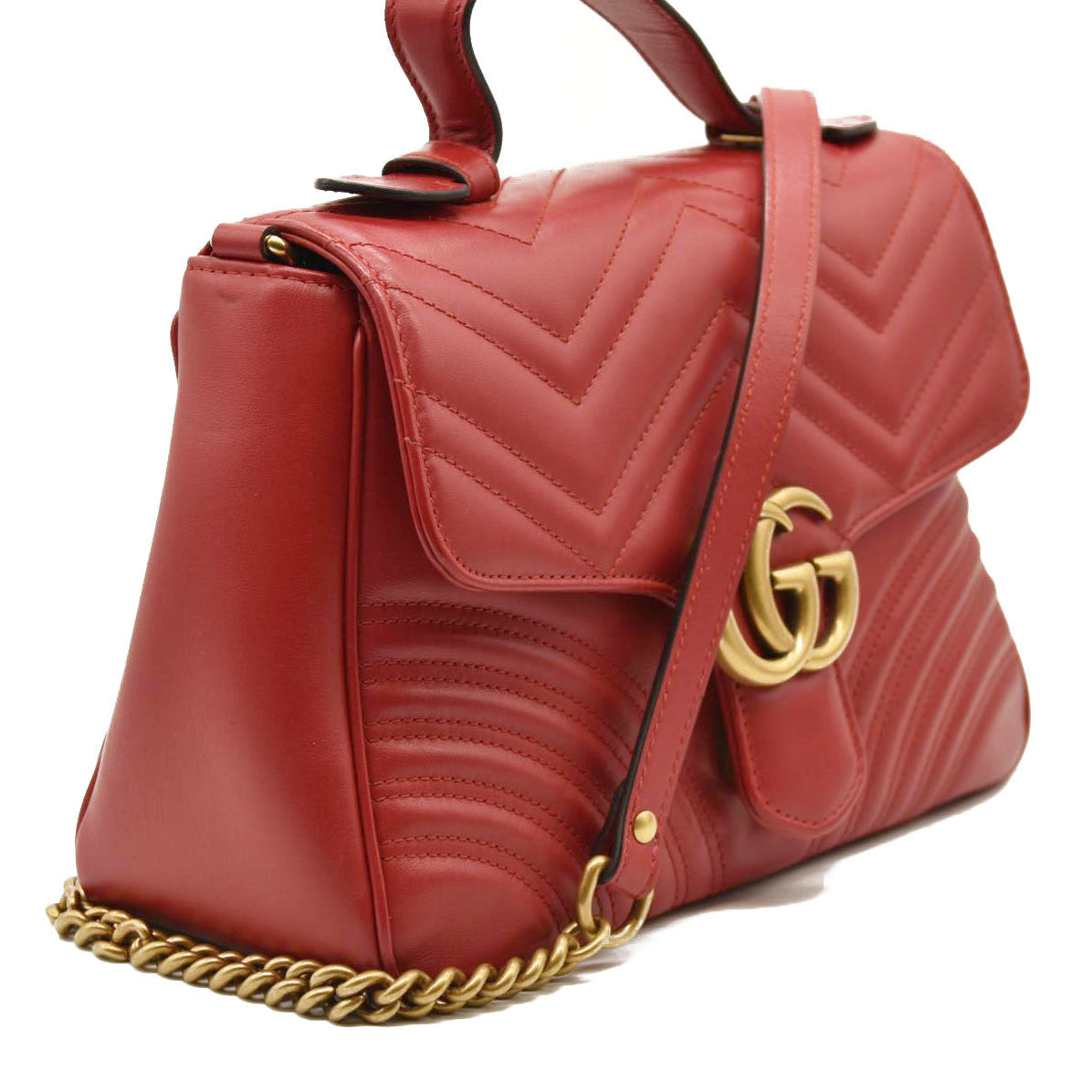 GUCCI Calfskin Matelasse Small GG Marmont Top Handle Shoulder Bag Hibiscus Red