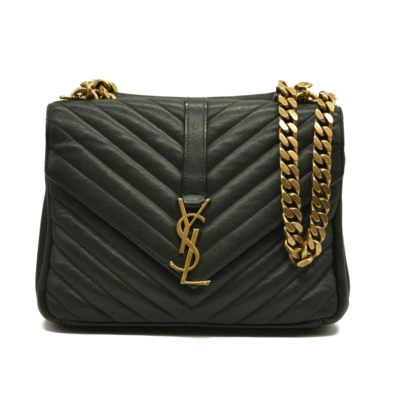 SAINT LAURENT  Sheepskin Matelasse Chevron Monogram Medium College Bag Dark Green