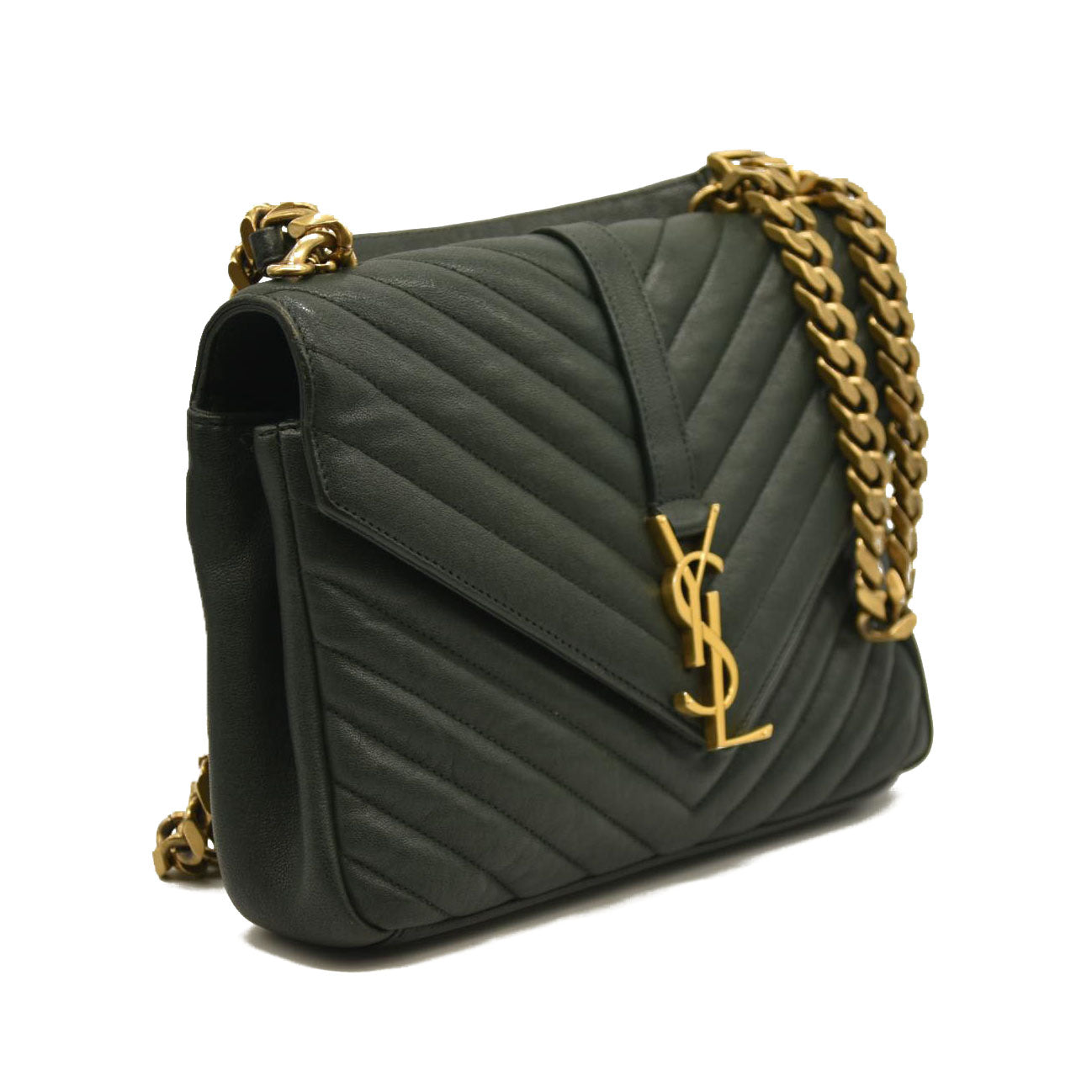 SAINT LAURENT  Sheepskin Matelasse Chevron Monogram Medium College Bag Dark Green