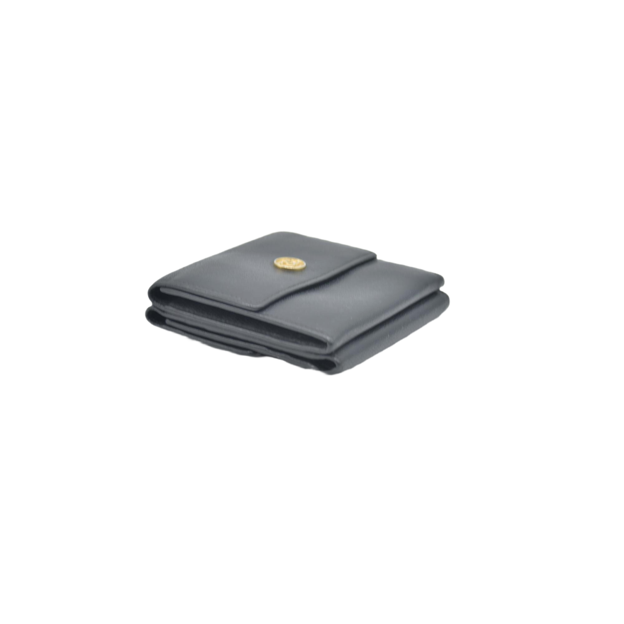 $609 Chanel Black Calfskin Leather Mini Coco Button Trifold Compact Wallet CONSIGNMENT