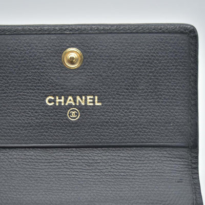 $609 Chanel Black Calfskin Leather Mini Coco Button Trifold Compact Wallet CONSIGNMENT