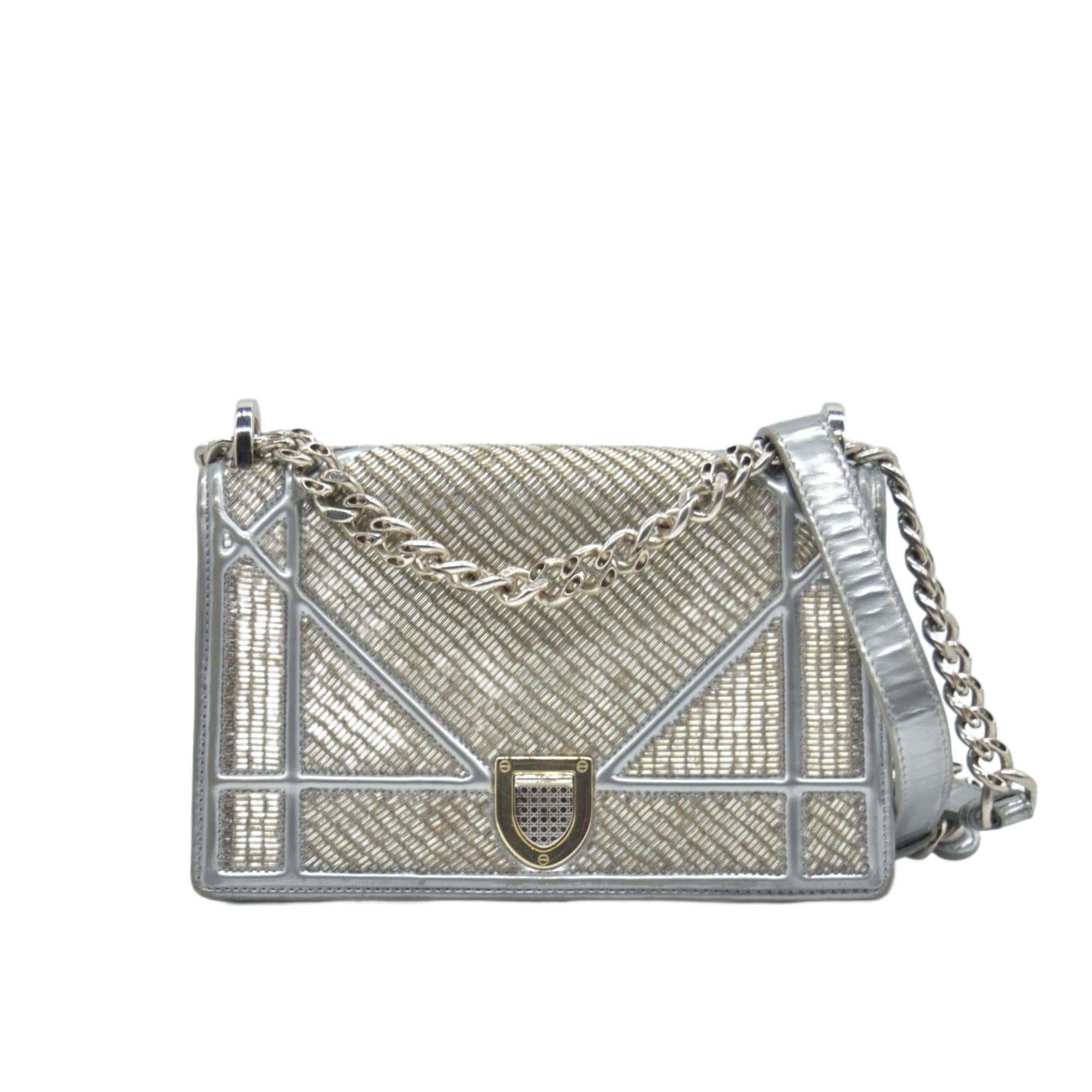 $3500 2016 CHRISTIAN DIOR Diorama Flap Bag Beaded Leather Small Silver 10020275