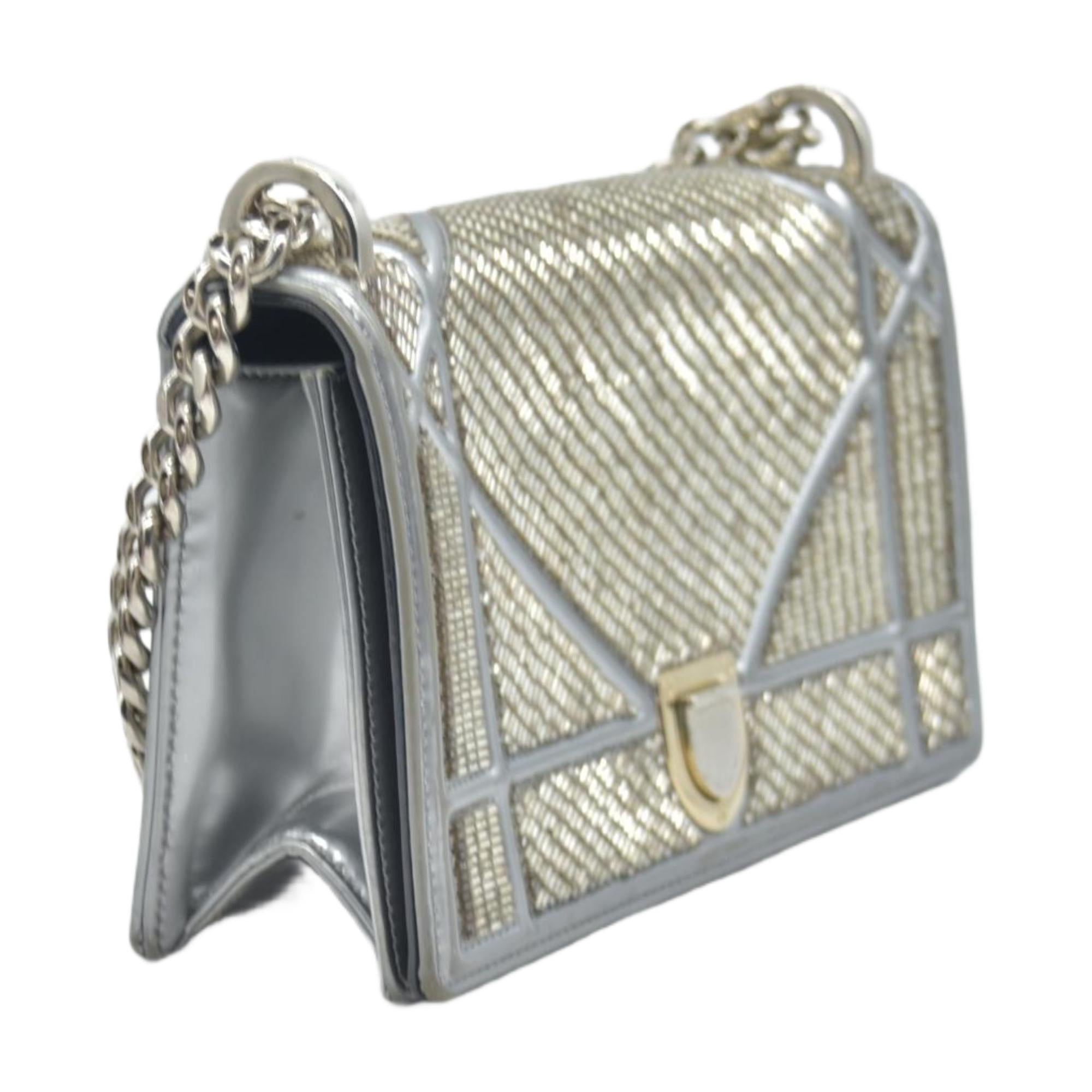 $3500 2016 CHRISTIAN DIOR Diorama Flap Bag Beaded Leather Small Silver 10020275