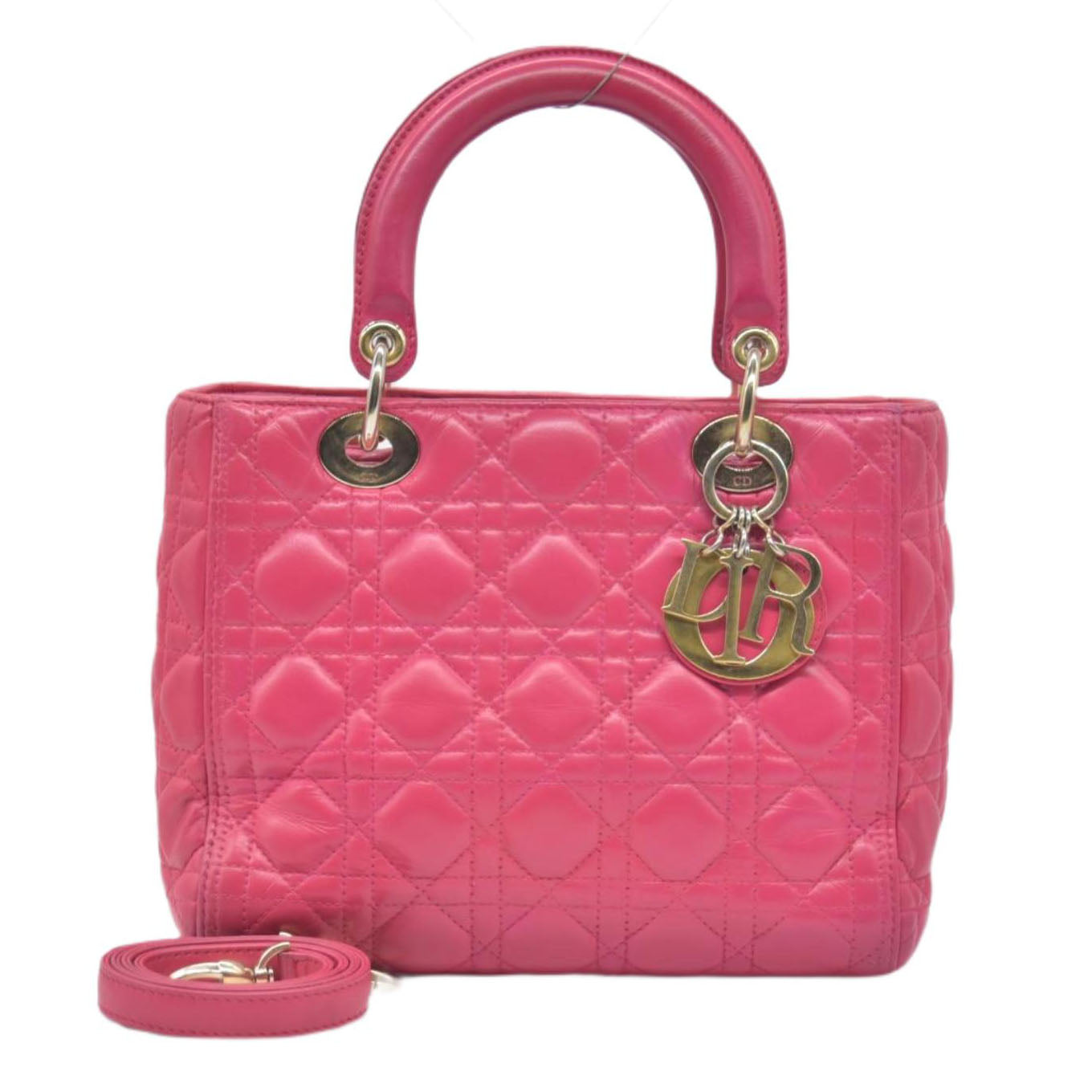 $6700 Christian Dior Lambskin Cannage Medium Lady Dior Fuchsia