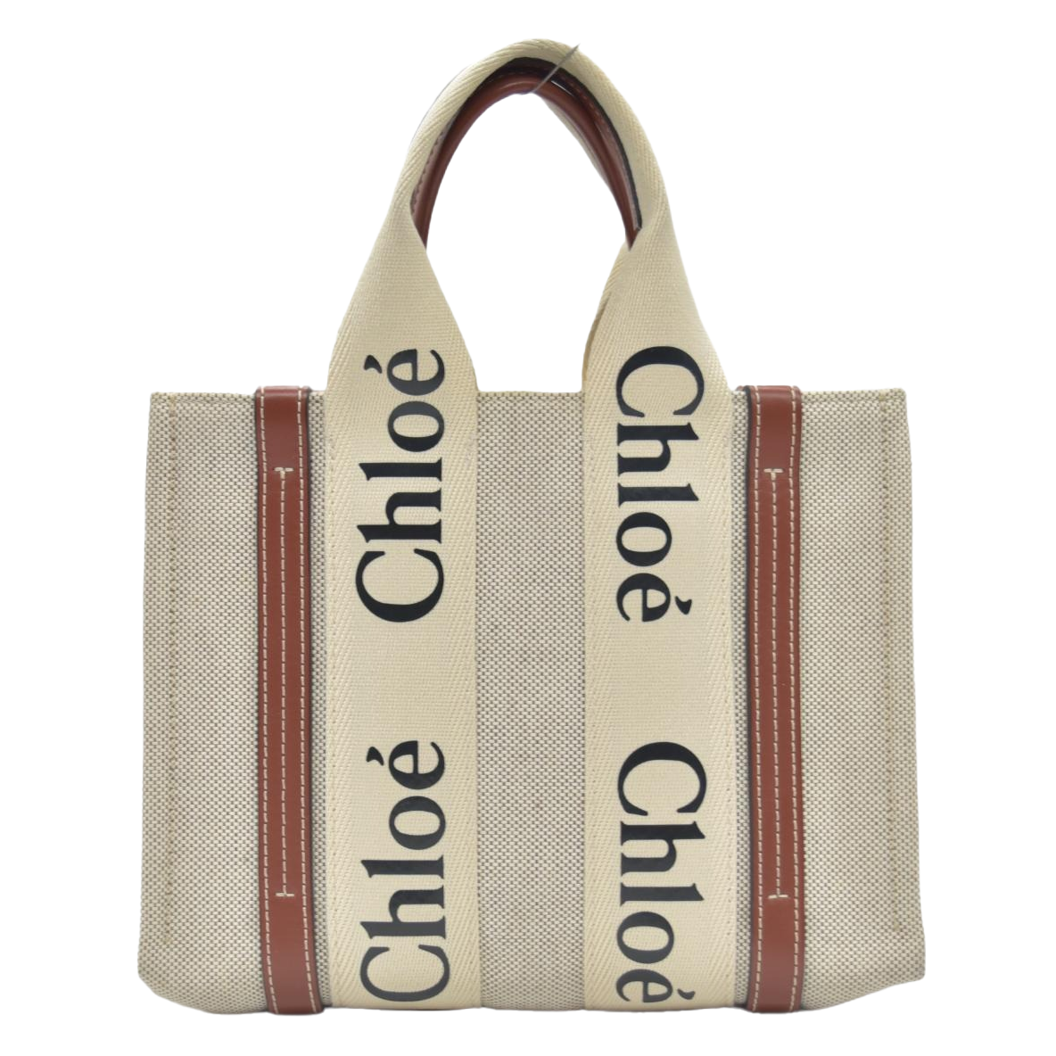 $1350 Chloe Linen Calfskin Small Woody Ribbon Tote White Black