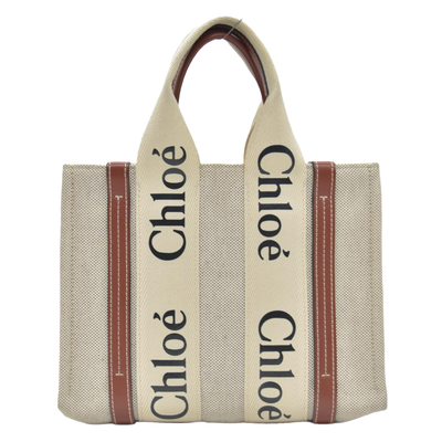 $1350 Chloe Linen Calfskin Small Woody Ribbon Tote White Black
