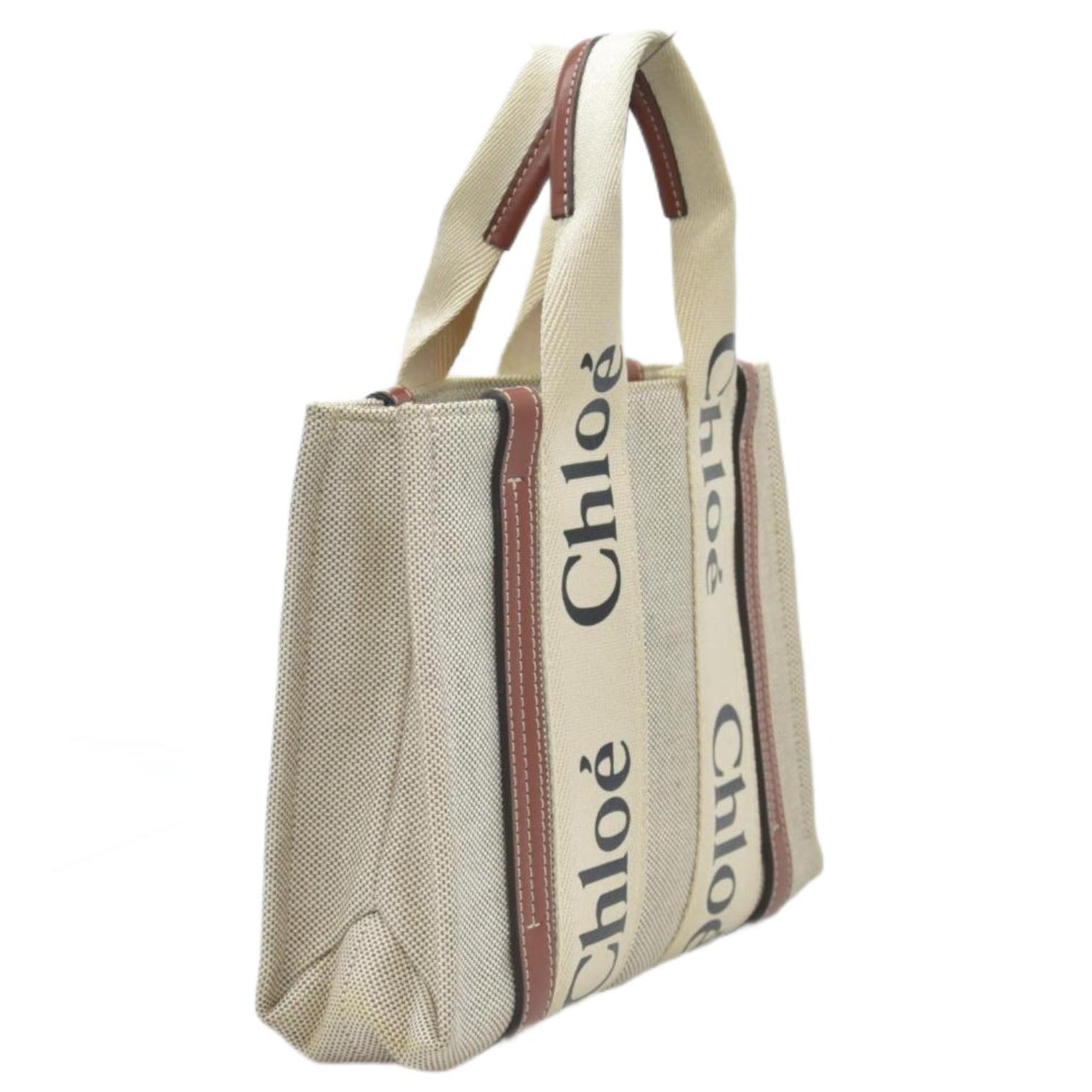 $1350 Chloe Linen Calfskin Small Woody Ribbon Tote White Black