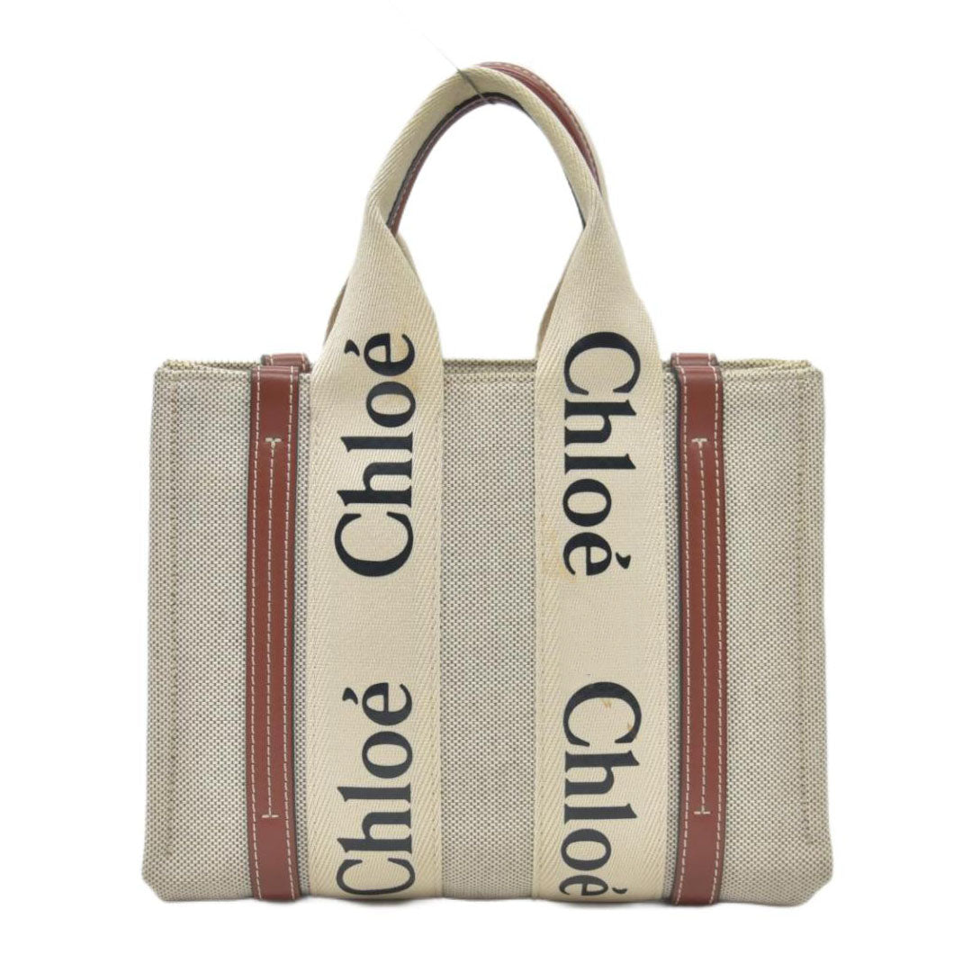 $1350 Chloe Linen Calfskin Small Woody Ribbon Tote White Black