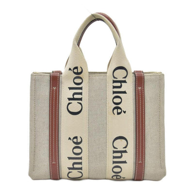 $1350 Chloe Linen Calfskin Small Woody Ribbon Tote White Black