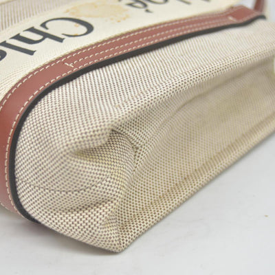 $1350 Chloe Linen Calfskin Small Woody Ribbon Tote White Black