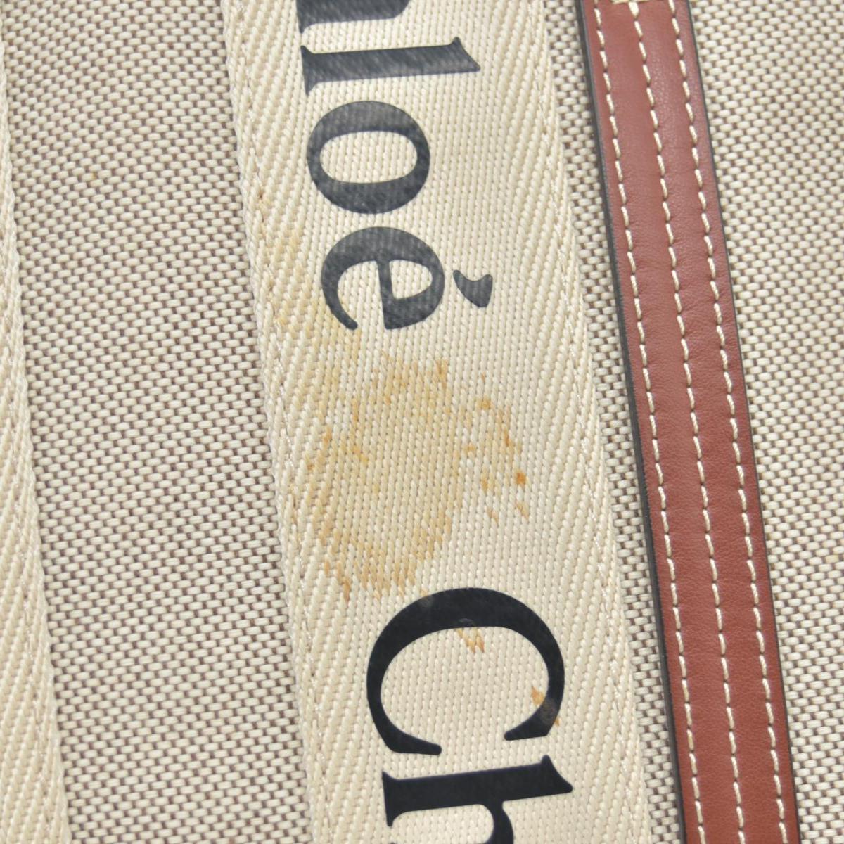 $1350 Chloe Linen Calfskin Small Woody Ribbon Tote White Black