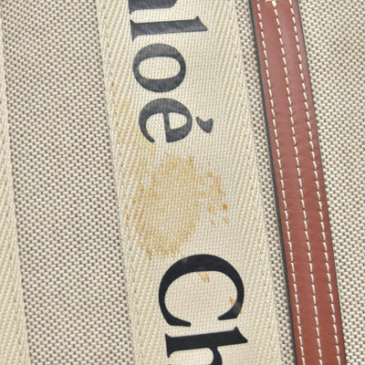 $1350 Chloe Linen Calfskin Small Woody Ribbon Tote White Black