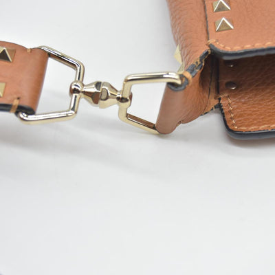 $2275 Valentino Pebbled Calfskin Small Rockstud Flip-Lock Messenger Bag Brown