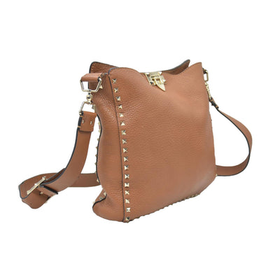 $2275 Valentino Pebbled Calfskin Small Rockstud Flip-Lock Messenger Bag Brown