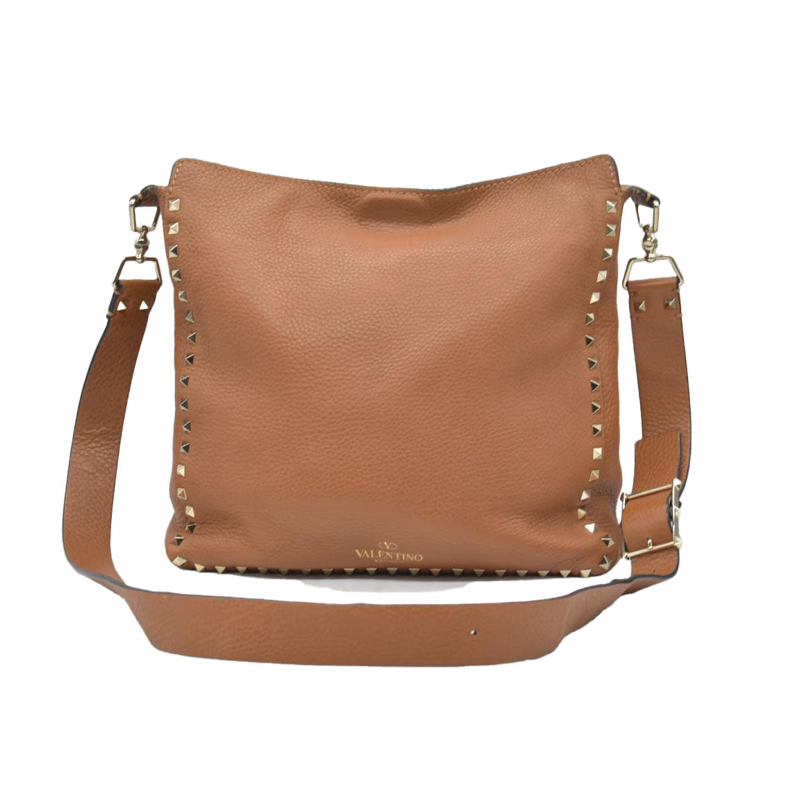 $2275 Valentino Pebbled Calfskin Small Rockstud Flip-Lock Messenger Bag Brown