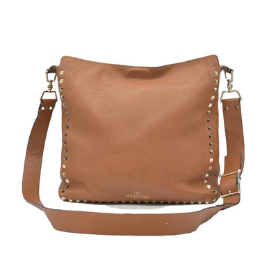 $2275 Valentino Pebbled Calfskin Small Rockstud Flip-Lock Messenger Bag Brown