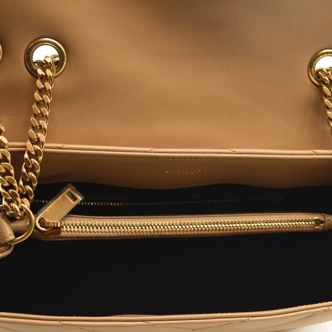 NEW SAINT LAURENT Calfskin Y Quilted Monogram Medium Loulou Chain Satchel Nude Powder