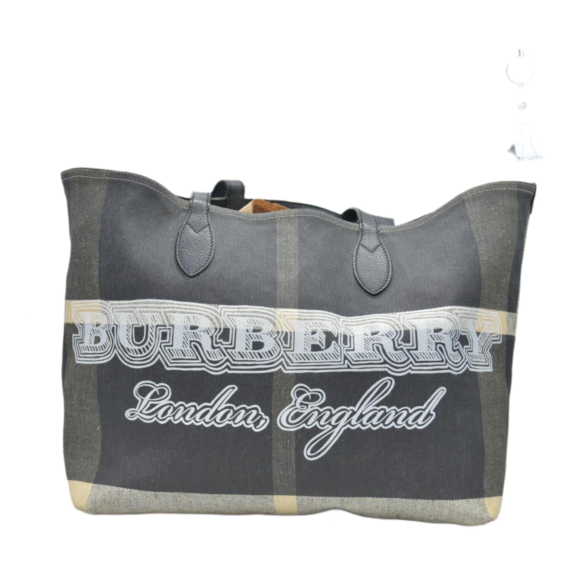 $900 Burberry Coated Canvas Mega Check Medium Doodle Tote Black White