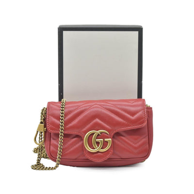 $1550 Gucci Calfskin Matelasse Super Mini GG Marmont Shoulder Bag Hibiscus Red
