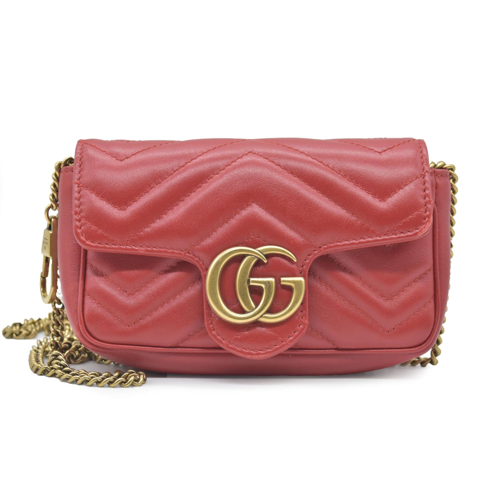 $1550 Gucci Calfskin Matelasse Super Mini GG Marmont Shoulder Bag Hibiscus Red