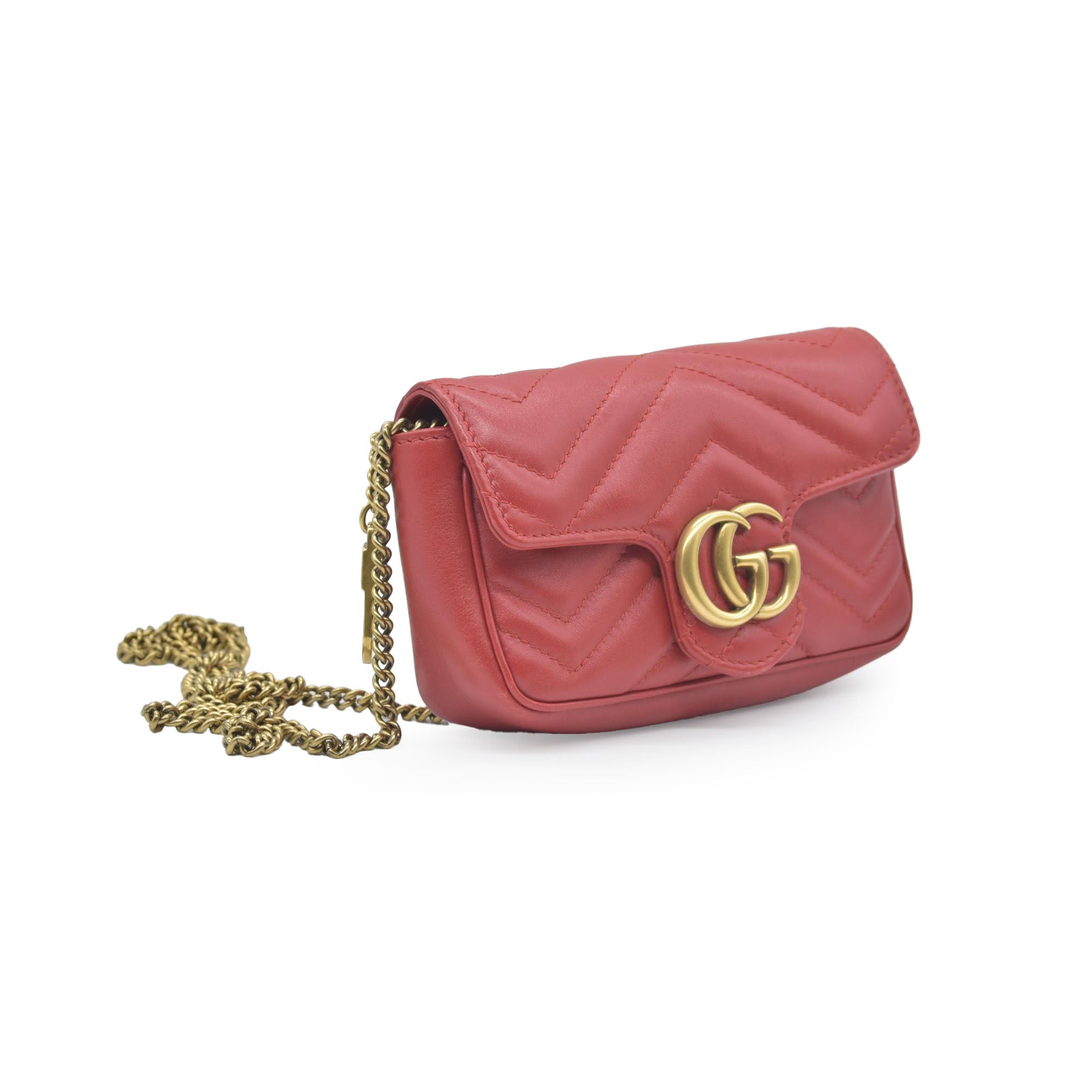 $1550 Gucci Calfskin Matelasse Super Mini GG Marmont Shoulder Bag Hibiscus Red