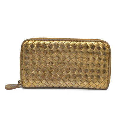 Bottega Veneta Intrecciato Lambskin Zip Around Long Wallet Gold