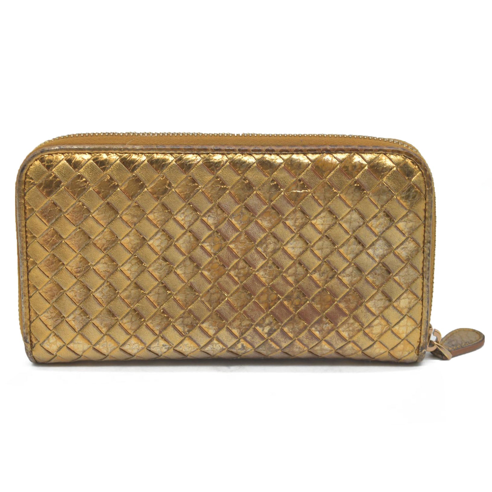 Bottega Veneta Intrecciato Lambskin Zip Around Long Wallet Gold