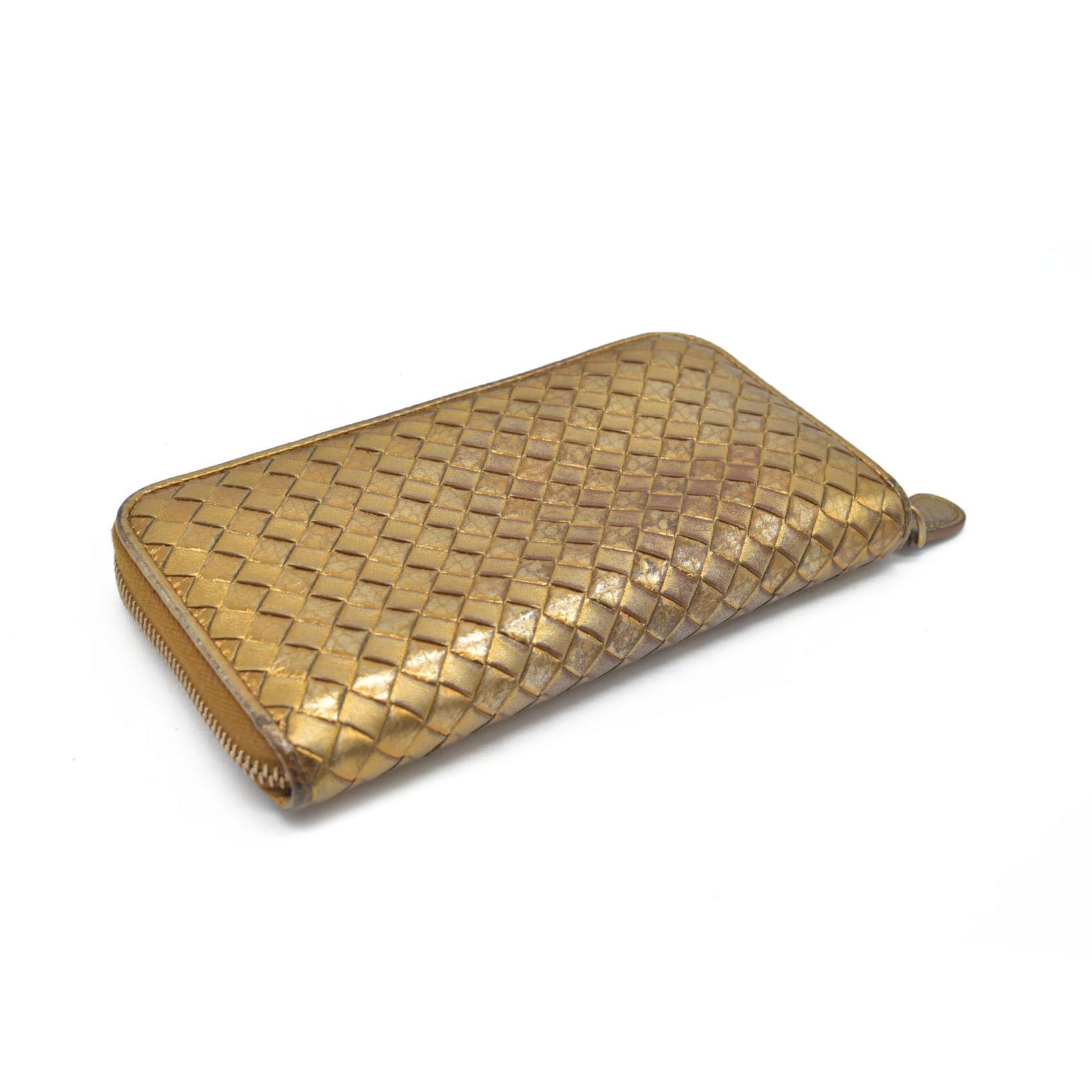 Bottega Veneta Intrecciato Lambskin Zip Around Long Wallet Gold