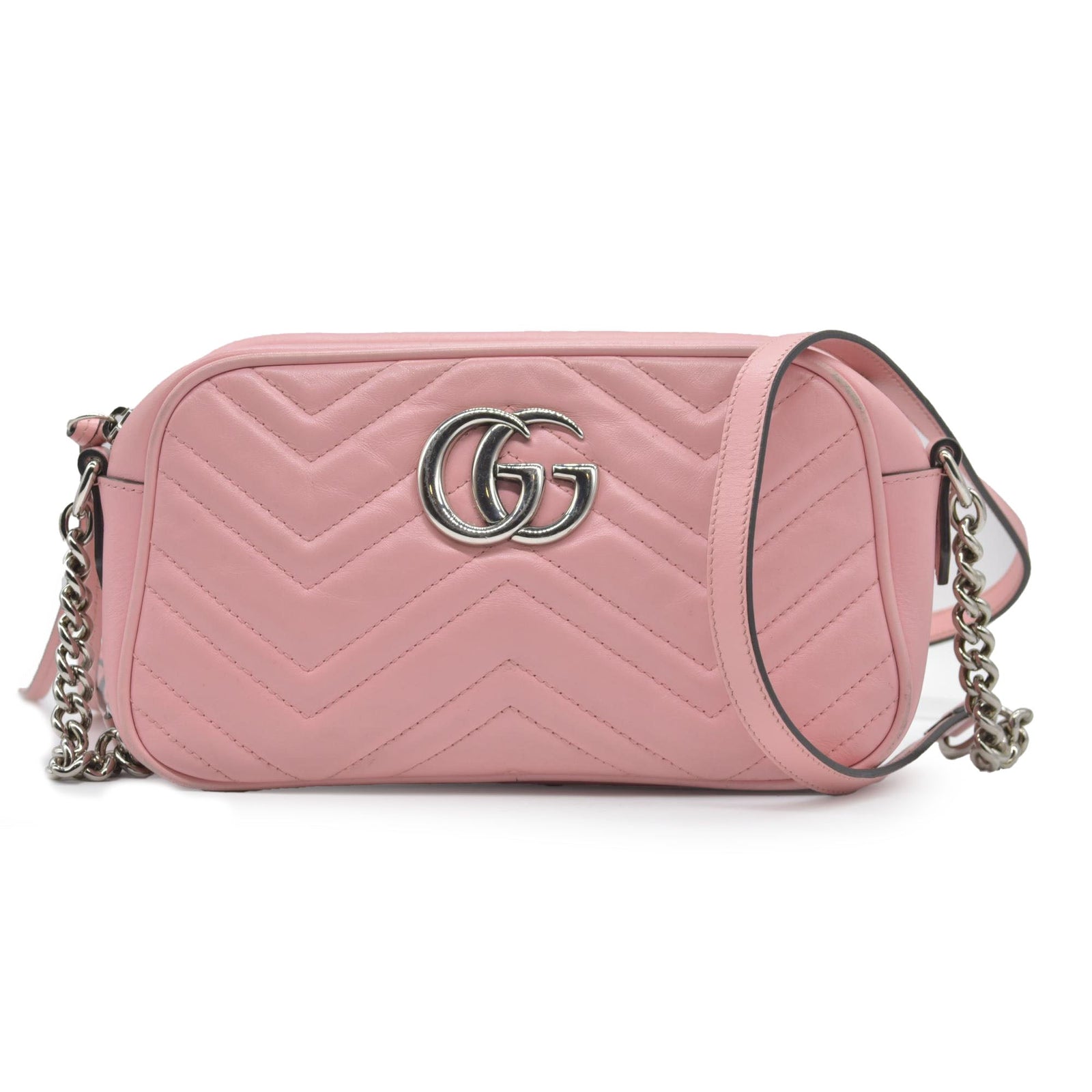 $1950 Gucci Calfskin Matelasse Small GG Marmont Chain Shoulder Bag Wild Rose