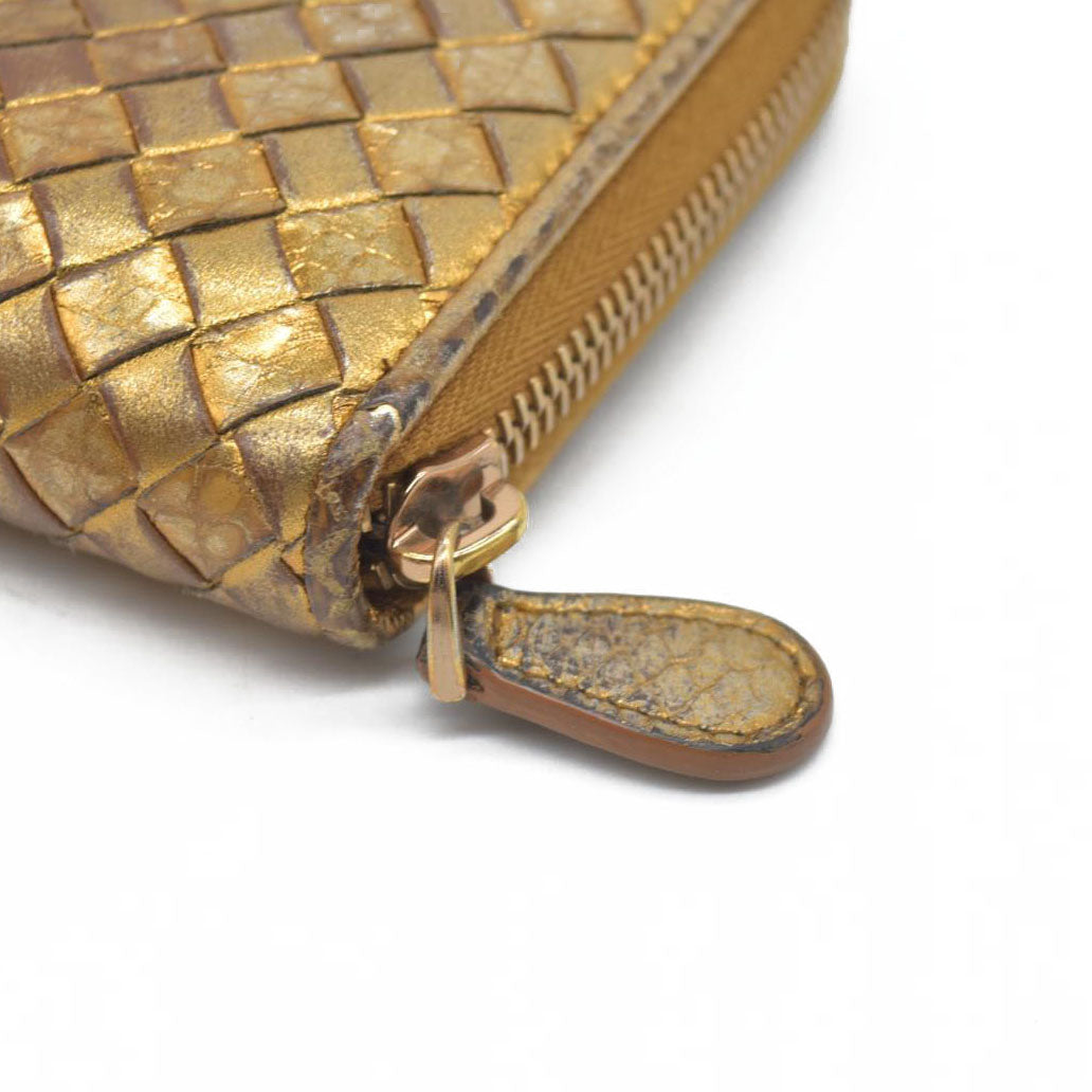 Bottega Veneta Intrecciato Lambskin Zip Around Long Wallet Gold