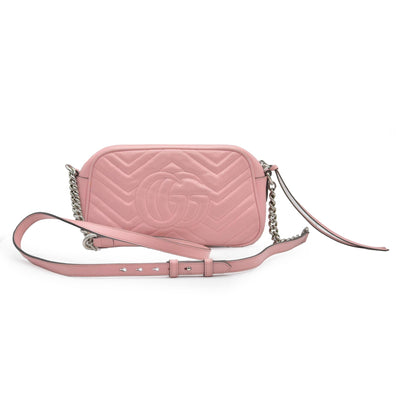 $1950 Gucci Calfskin Matelasse Small GG Marmont Chain Shoulder Bag Wild Rose