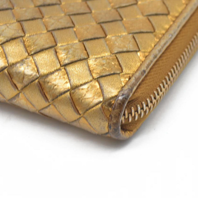 Bottega Veneta Intrecciato Lambskin Zip Around Long Wallet Gold