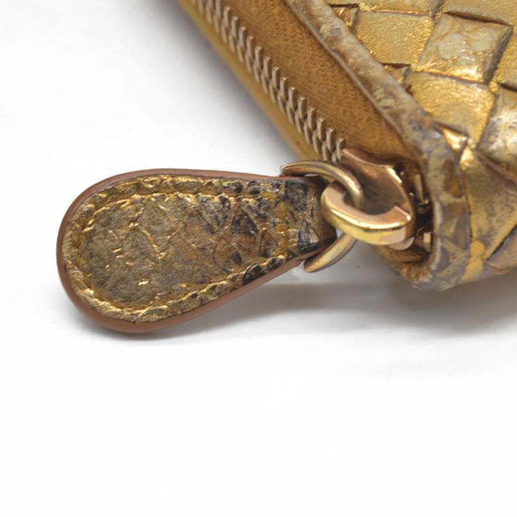 Bottega Veneta Intrecciato Lambskin Zip Around Long Wallet Gold