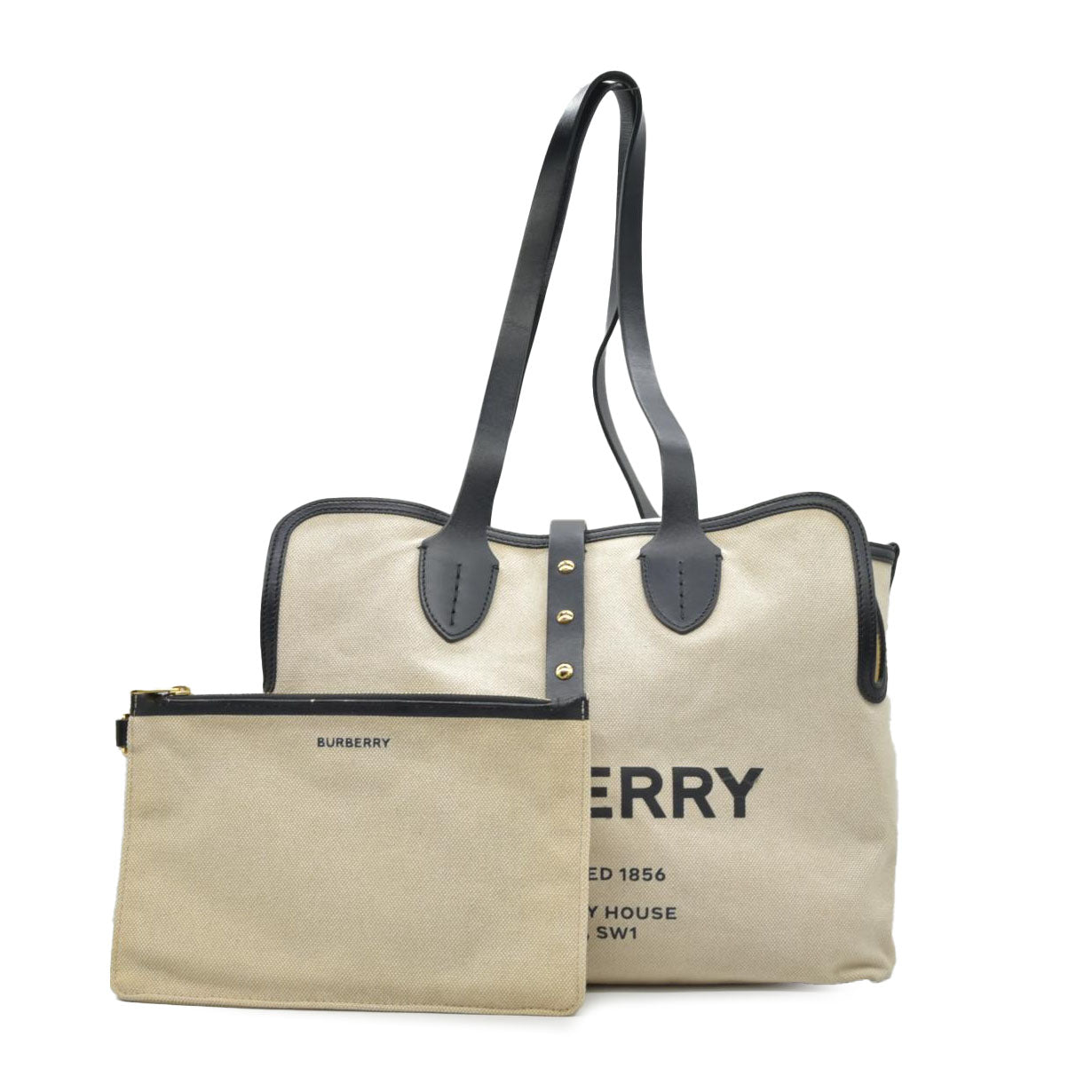 $2490 Burberry Cotton Soft Canvas Calfskin Medium Belt Tote Natural Black