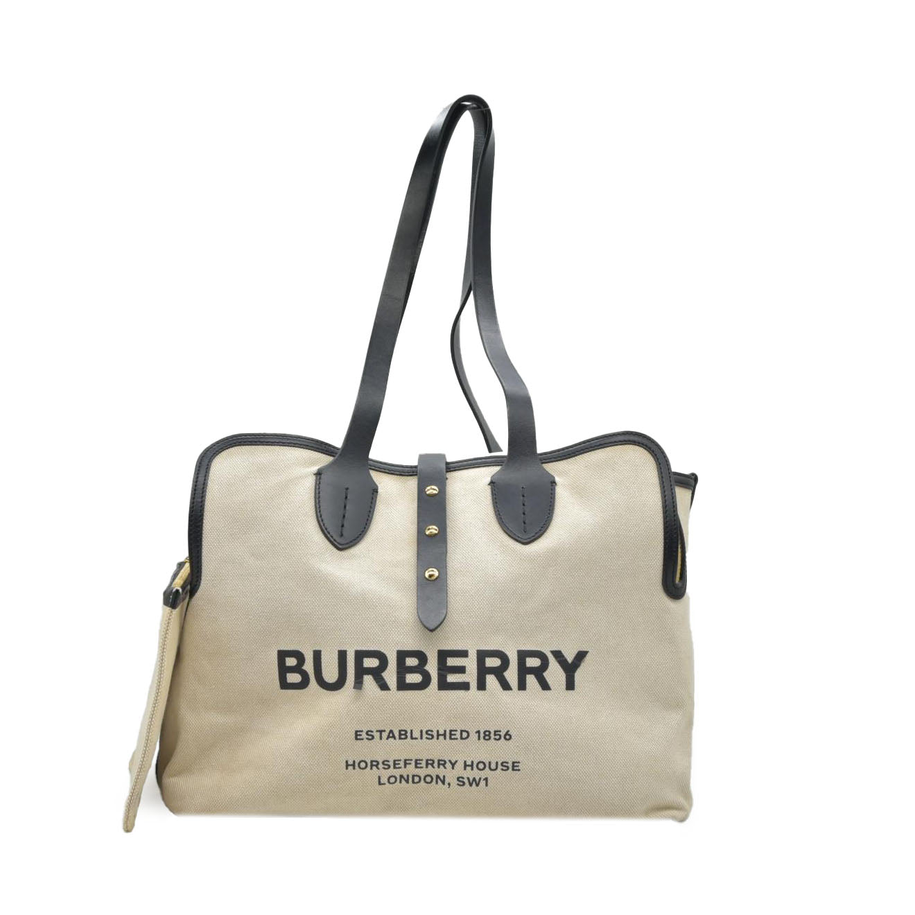 $2490 Burberry Cotton Soft Canvas Calfskin Medium Belt Tote Natural Black