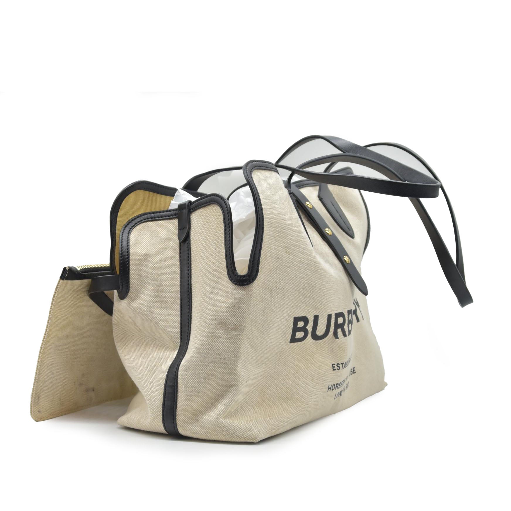 $2490 Burberry Cotton Soft Canvas Calfskin Medium Belt Tote Natural Black