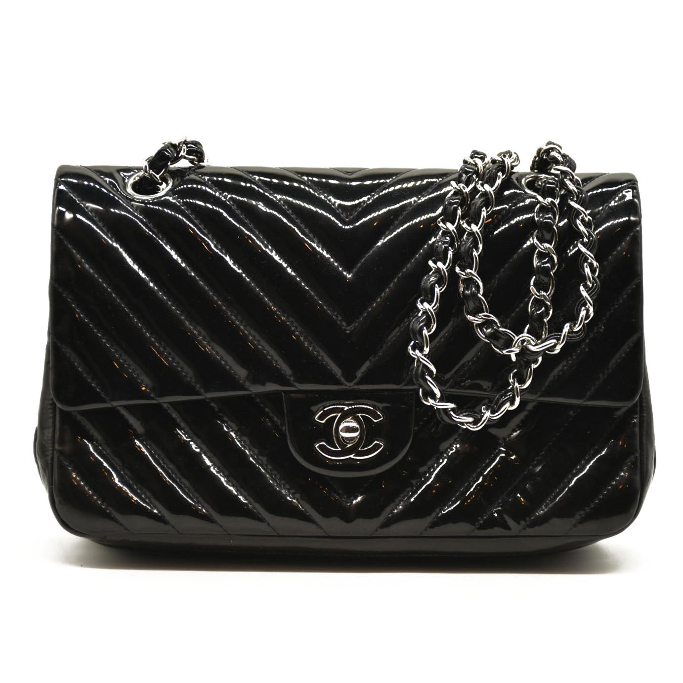 Chanel Patent Chevron Quilted Medium Double Flap Black
