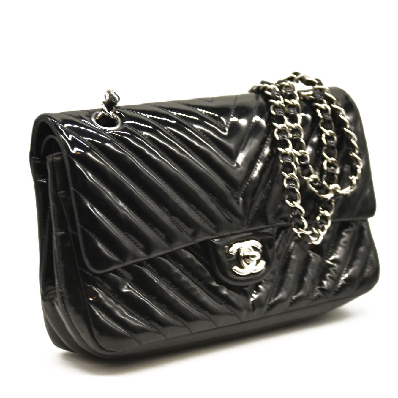 Chanel Patent Chevron Quilted Medium Double Flap Black