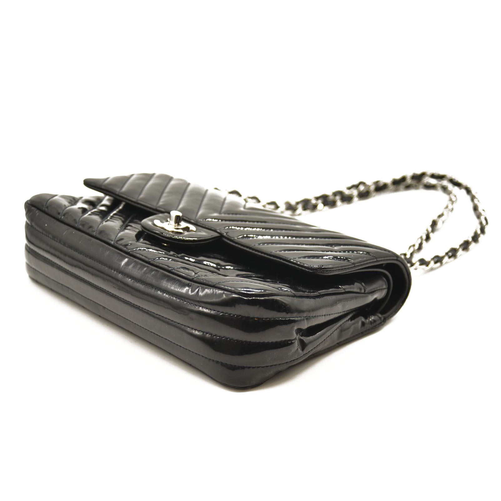 Chanel Patent Chevron Quilted Medium Double Flap Black