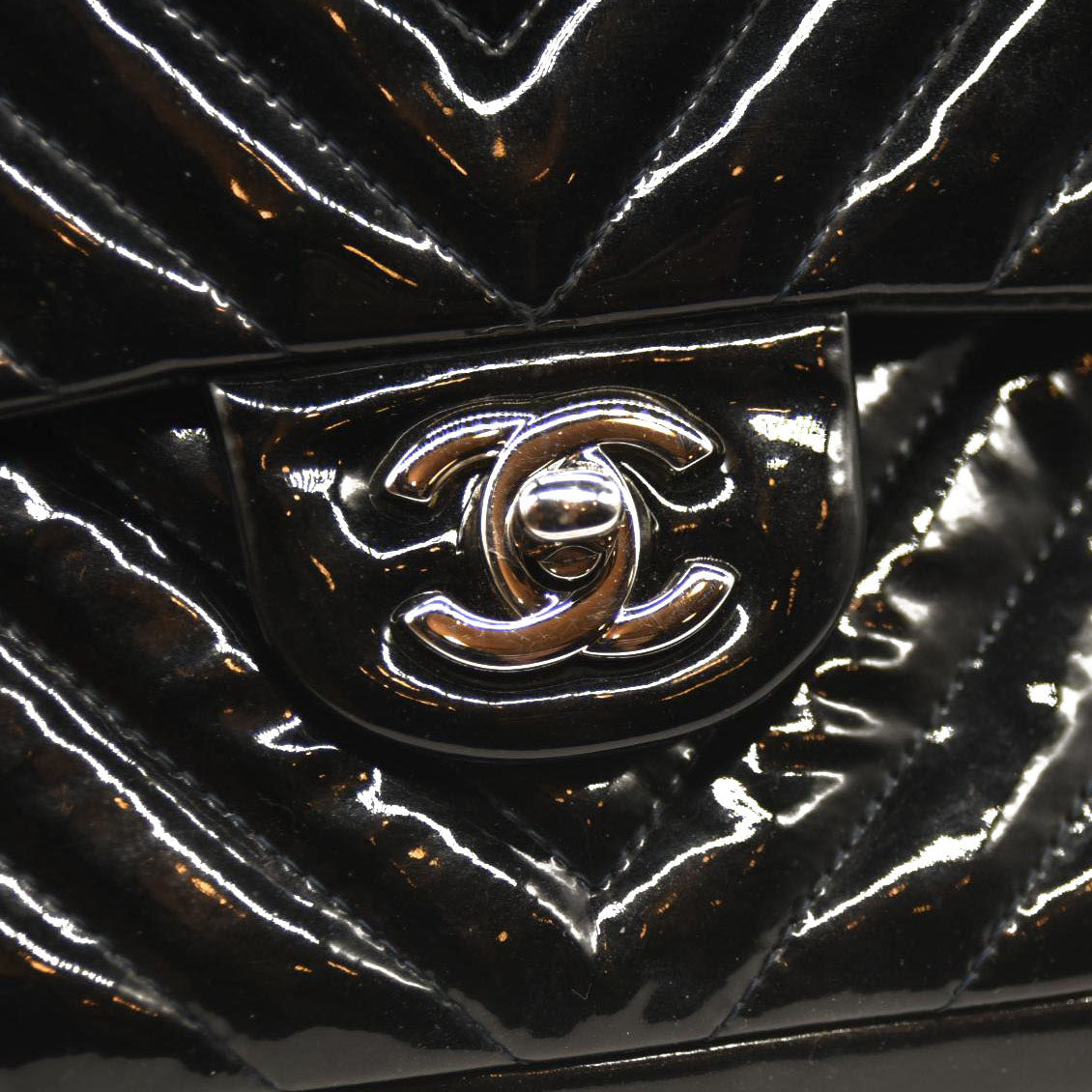 Chanel Patent Chevron Quilted Medium Double Flap Black